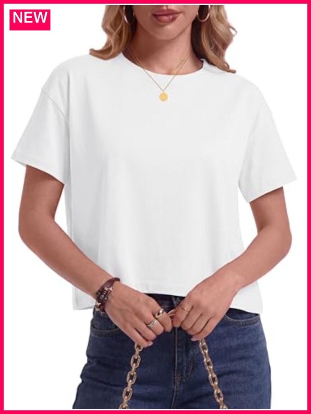 Pure Cotton Crop Top Women Short Sleeve Boxy Loose Fit Crew Neck Drop Shoulder